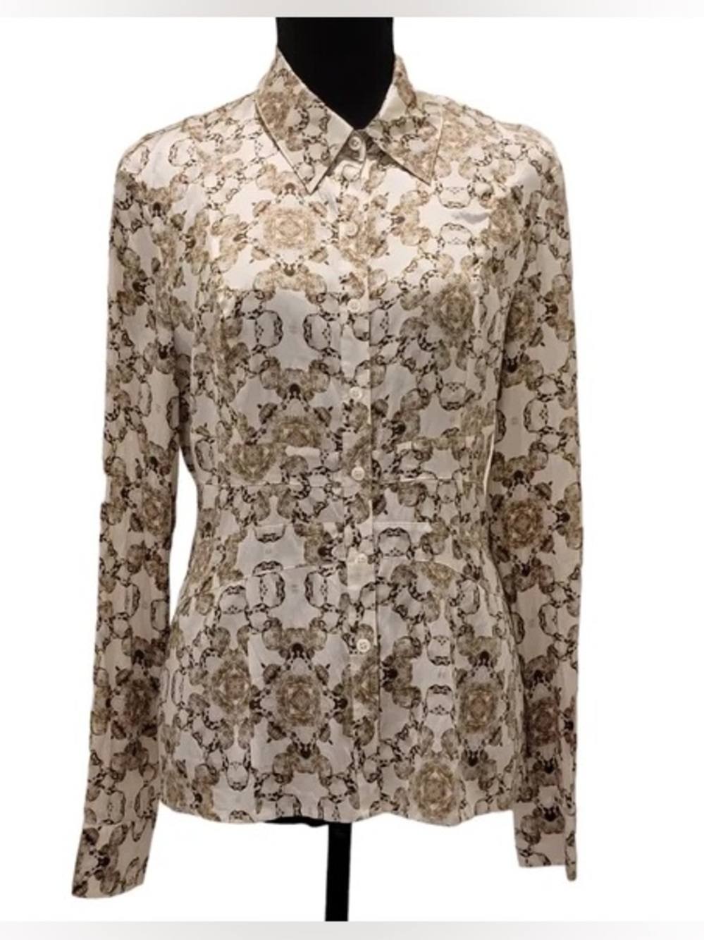 Y2K 2000s Cache silk Cream Floral Button-Front Blouse Peplum Size Small